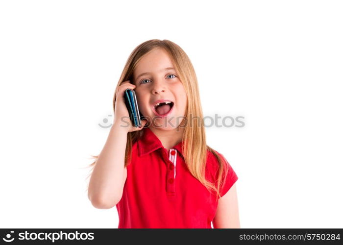 blond indented kid girl smiling talking smartphone phone on white background