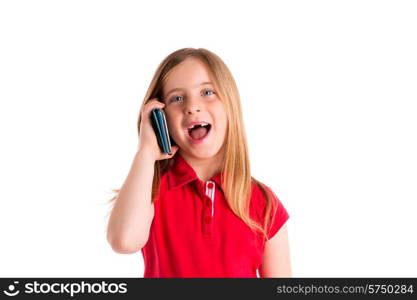 blond indented kid girl smiling talking smartphone phone on white background