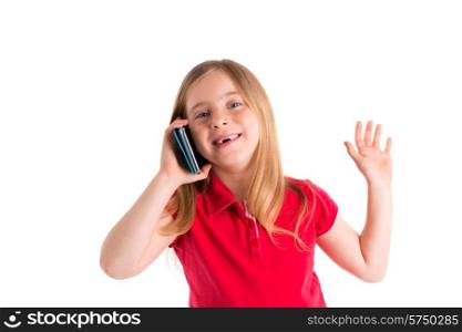 blond indented kid girl smiling talking smartphone phone on white background
