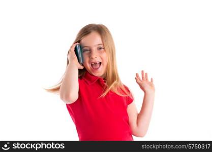 blond indented kid girl smiling talking smartphone phone on white background