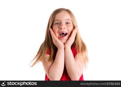blond indented kid girl surprised gesture hands in face on white background
