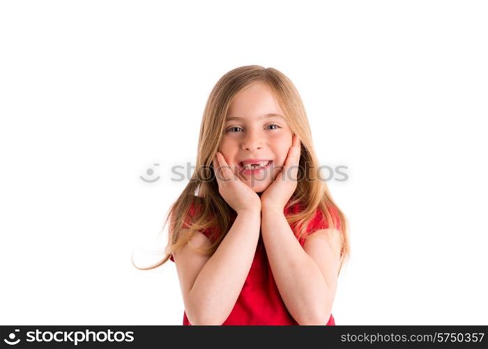 blond indented kid girl surprised gesture hands in face on white background