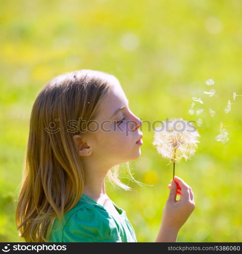 Blond kid girl blowing dandelion flower in green meadow outdoor profile view