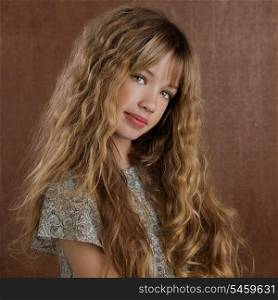 Blond kid girl curly hair portrait on retro vintage brown background