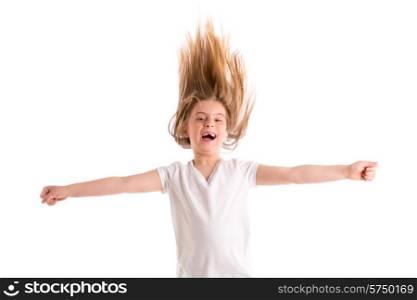 blond kid girl indented jumping high wind on hair at white background
