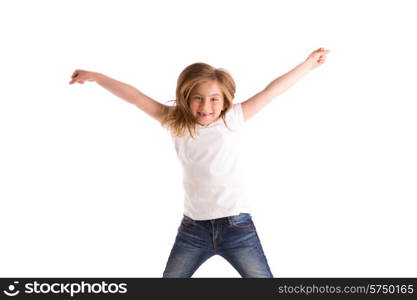 blond kid girl indented jumping high wind on hair denim jeans at white background