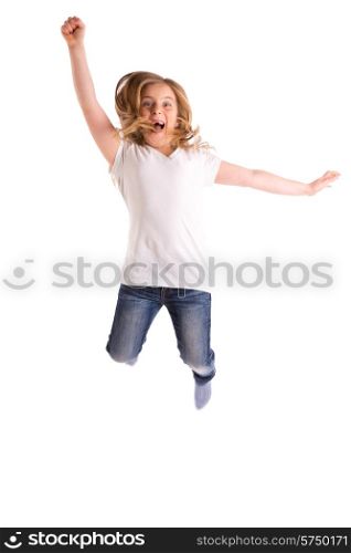 blond kid girl indented jumping high wind on hair denim jeans at white background