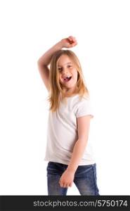 blond kid girl indented jumping high wind on hair denim jeans at white background