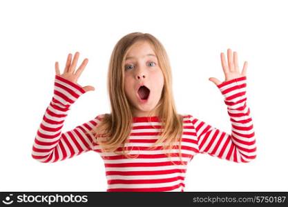 Blond kid girl open mounth and hands happy expression gesture on white