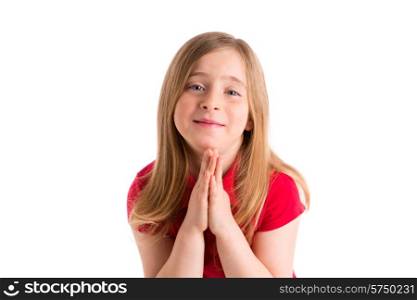 blond kid girl praying hands gesture in white background