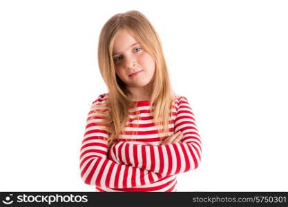 Blond kid girl sad serious gesture expression gesture crossed arms on white
