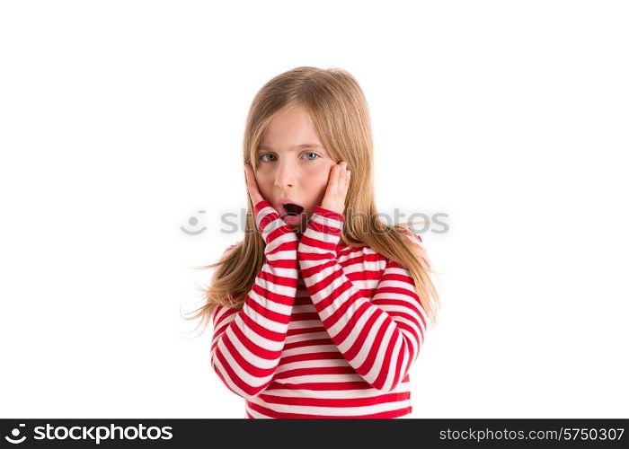 Blond kid girl sad surprised gesture expression gesture hands in face on white