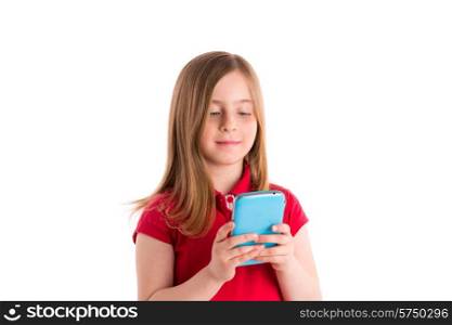 blond kid girl smiling writing fingers smartphone phone on white background