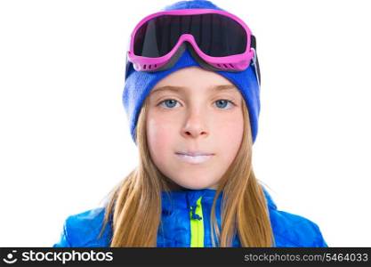 Blond kid girl winter portrait with ski snow goggles and wool hat