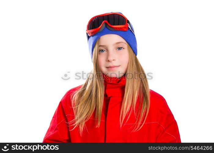 Blond kid girl winter portrait with ski snow goggles and wool hat