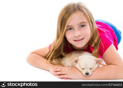 blond kid girl with puppy chihuahua pet dog relaxed playing happy lying on white background