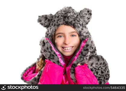 blond kid girl with winter gray feline fur scarf hat in white background