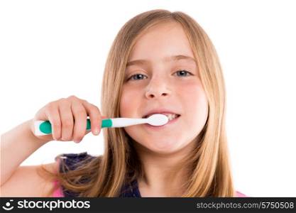 Blond kid indented girl cleaning teeth toothbrush on white background