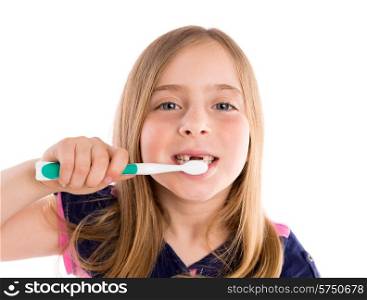 Blond kid indented girl cleaning teeth toothbrush on white background