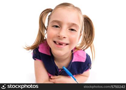 Blond kid indented girl student with spiral notebook in pupil desk