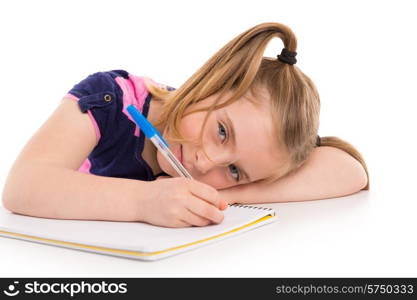 Blond kid indented girl student with spiral notebook in pupil desk