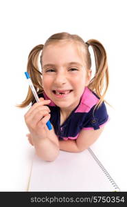 Blond kid indented girl student with spiral notebook in pupil desk