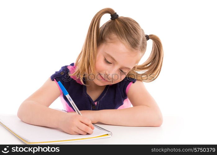 Blond kid indented girl student with spiral notebook in pupil desk