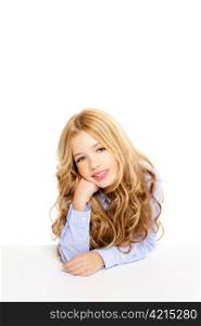 blond kid little student girl portrait smiling on a desk in white background