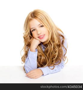 blond kid little student girl portrait smiling on a desk in white background