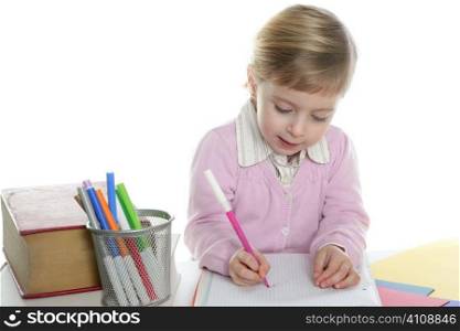 blond little student girl writing on school desk over white