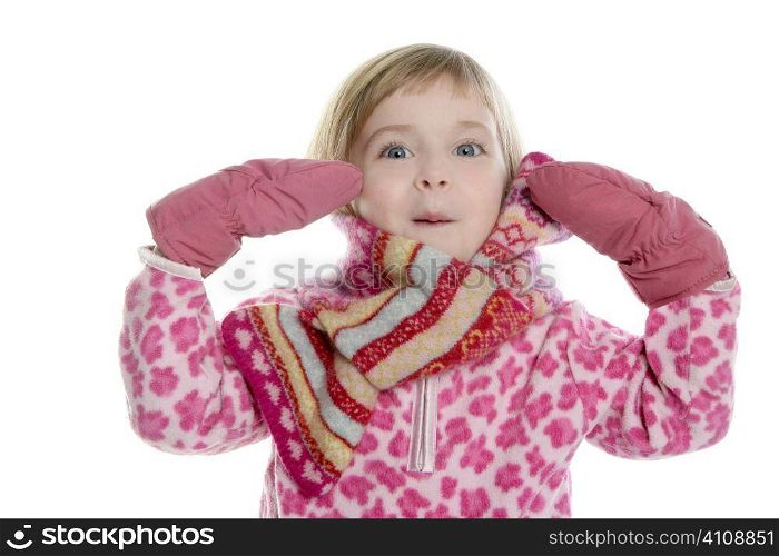 blond little winter girl with pink scarf and gloves