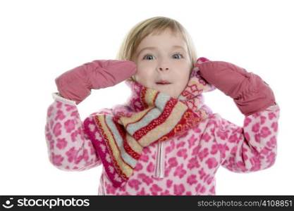 blond little winter girl with pink scarf and gloves