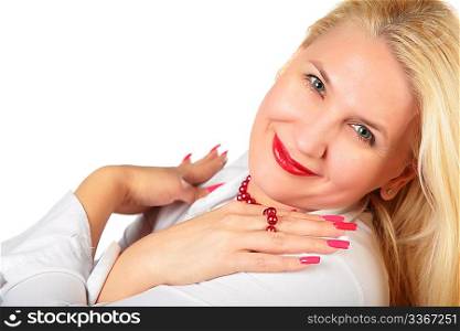 blond middleaged woman with fingers