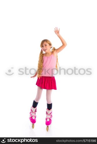 blond pigtails roller skate girl full length on white background