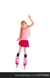 blond pigtails roller skate girl full length on white background