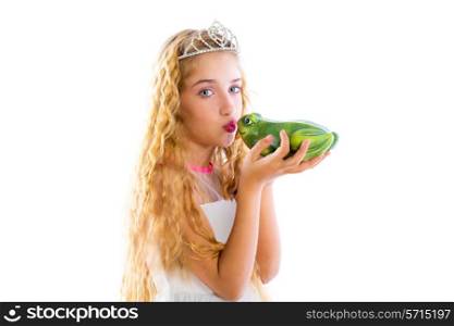 blond princess girl kissing a frog green toad like a story tale on white
