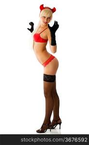 blond sensual girl in lingerie with red horns like a demon and black gloves