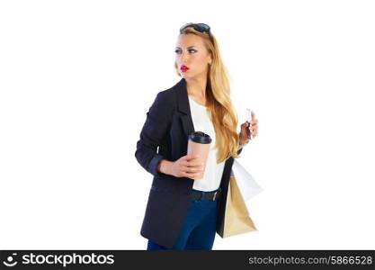 Blond shopaholic woman with bags and take away coffee cup