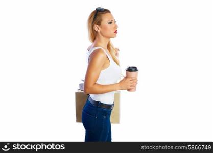 Blond shopaholic woman with bags and take away coffee cup