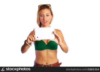 blond short jeans sexy tourist woman selfie photo with tablet PC on white background