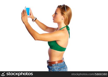 blond short jeans sexy tourist woman selfie photo with tablet PC on white background profile