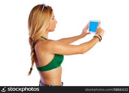 blond short jeans sexy tourist woman selfie photo with tablet PC on white background profile