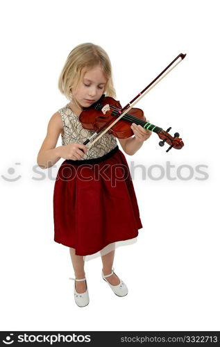 Blond six year old girl plays violin full body over white background