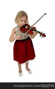 Blond six year old girl plays violin full body over white background