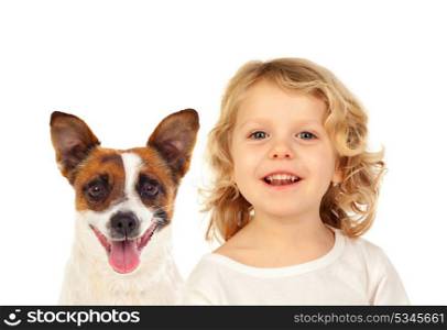 Blond small child with his dog isolated on a white background