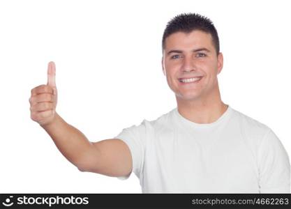 Blond smiling boy saying Ok isolated on a white background