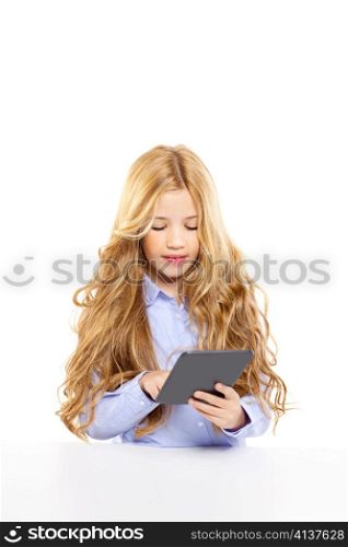 blond student kid with ebook tablet pc portrait in desk isolated on white background