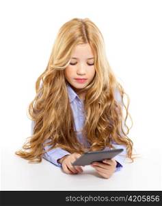 blond student kid with ebook tablet pc portrait in desk isolated on white background