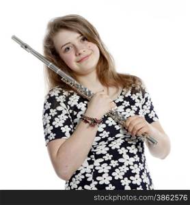 blond teenage girl with flute against white background