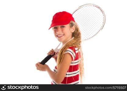 Blond tennis player girl with pad and red cap smiling on white background